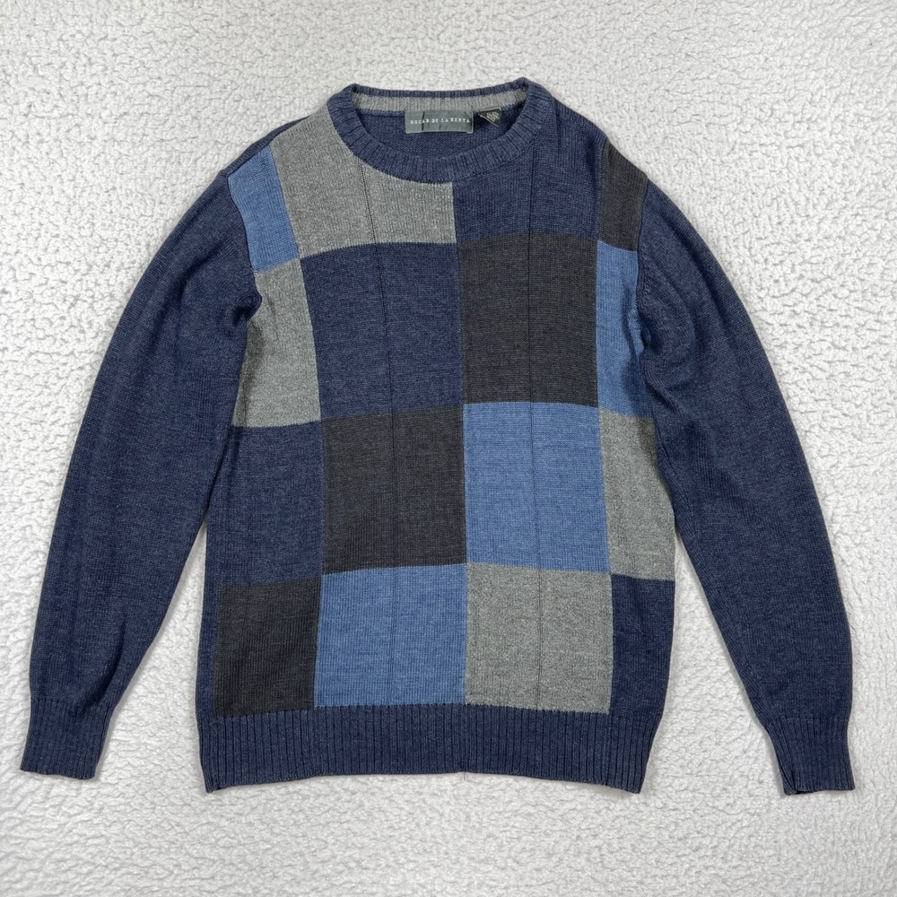 Oscar de la Renta Sweater Mens S Blue Patchwork Colorblock Preppy Dark Academia